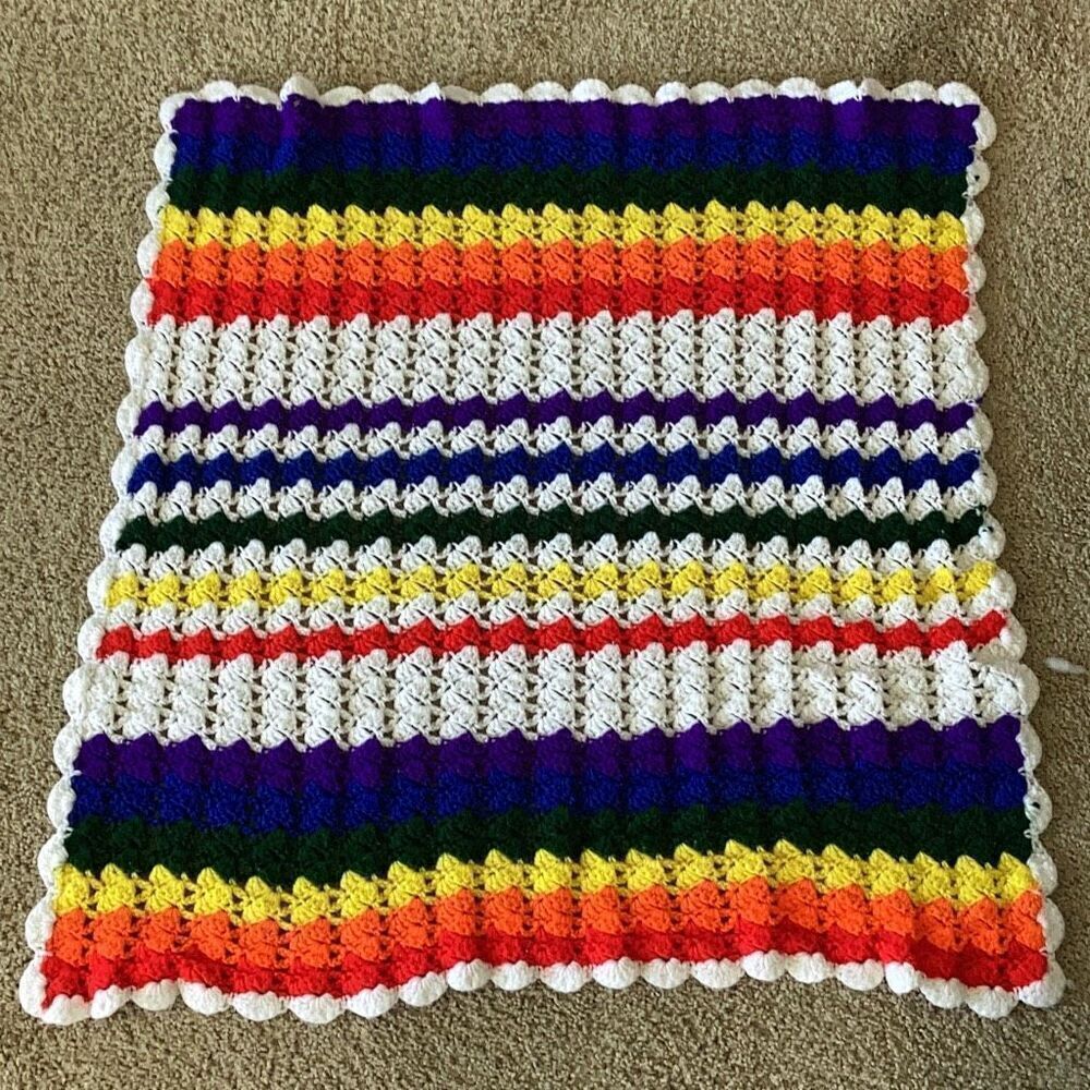Vintage Handmade Rainbow Pride Crochet Afghan Blanket 36” X 36” Cottage Core